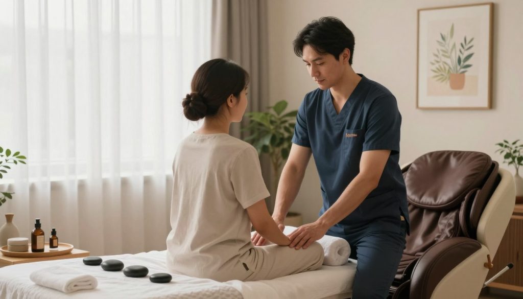 A professional massage therapist in a serene treatment room, showcasing effective customer communication. The therapist, dressed in smart casual attire, is attentively engaging with a client seated on a massage chair, ensuring a feeling of trust and comfort. Soft, natural lighting filters through sheer curtains, creating a warm and inviting atmosphere. In the foreground, a cozy massage table with aromatic oils and soothing stones sets the scene. The background features calming decor such as plants and gentle artwork that inspire relaxation. The overall mood conveys professionalism and approachability, emphasizing the importance of healthy communication between therapist and client. Brand name displayed subtly: "Butik Masaj Akademi".