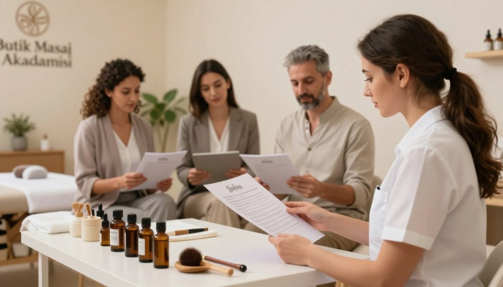 A professional massage therapist's profile showcase featuring a calm and inviting atmosphere. In the foreground, a well-organized workspace with neatly arranged massage oils and tools on a clean table. The middle ground includes a diverse group of three massage therapists, dressed in professional business attire, confidently interacting while reviewing their resumes and profile examples. The background showcases a tranquil therapy room with soft lighting, warm colors, and decorative elements like indoor plants, enhancing the soothing ambiance. The scene captures a mood of professionalism and trustworthiness, perfect for prospective clients. The brand name "Butik Masaj Akademisi" is subtly reflected in the decor, emphasizing the connection to massage therapy expertise. A soft focus lens effect adds depth and warmth to the overall composition. A professional massage therapist's profile showcase featuring a calm and inviting atmosphere. In the foreground, a well-organized workspace with neatly arranged massage oils and tools on a clean table. The middle ground includes a diverse group of three massage therapists, dressed in professional business attire, confidently interacting while reviewing their resumes and profile examples. The background showcases a tranquil therapy room with soft lighting, warm colors, and decorative elements like indoor plants, enhancing the soothing ambiance. The scene captures a mood of professionalism and trustworthiness, perfect for prospective clients. The brand name "Butik Masaj Akademisi" is subtly reflected in the decor, emphasizing the connection to massage therapy expertise. A soft focus lens effect adds depth and warmth to the overall composition.