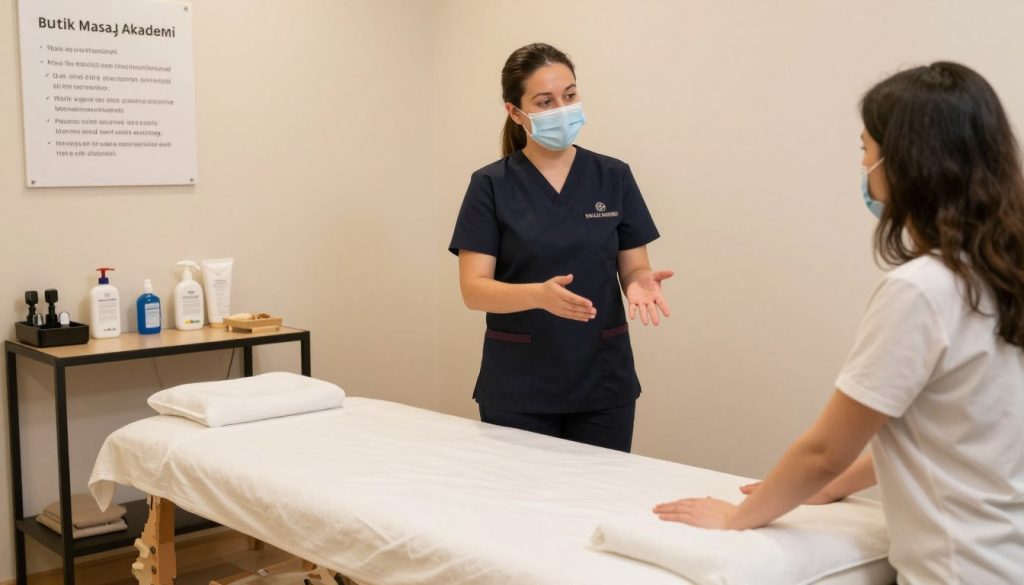 A professional massage therapy environment highlighting safety measures. In the foreground, a neatly arranged massage table with clean linens and a well-organized workspace featuring sanitization supplies. The middle ground showcases a therapist in professional attire, demonstrating proper communication with a client, emphasizing safety and comfort. In the background, there are clear safety guidelines on the wall, including reminders on confidentiality and appropriate boundaries. Soft, warm lighting floods the room, creating a calming atmosphere, while the lens captures a slightly elevated angle to emphasize the setting’s professionalism. The image reflects a sense of security and trust, promoting the values of Butik Masaj Akademi.