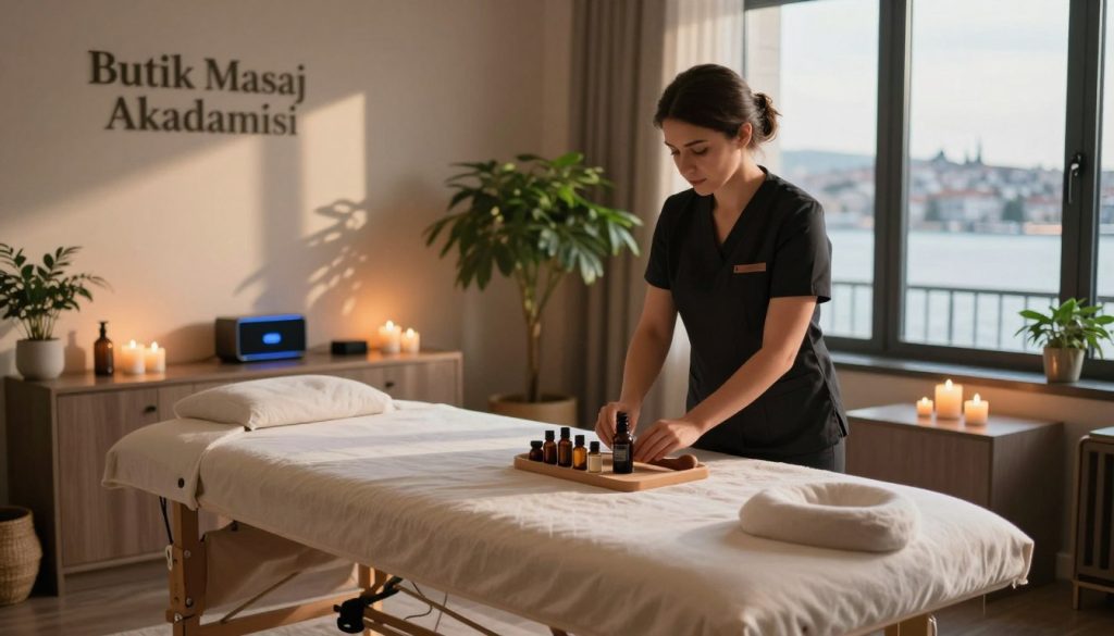 A professional massage therapy room showcasing high-quality service in Üsküdar. In the foreground, an elegant massage table is neatly arranged with soft, luxurious linens. A skilled female massage therapist, dressed in smart casual attire, is preparing essential oils and massage tools, exuding professionalism and expertise. The middle ground features soothing decor elements such as calming plants, aromatic candles, and an ambient music system to create a relaxing atmosphere. In the background, large windows reveal a beautiful view of Üsküdar, with soft natural light streaming in, enhancing the serene ambiance. The overall mood is tranquil, inviting, and emphasizes the quality of services provided by "Butik Masaj Akademisi". Soft, warm lighting casts gentle shadows, making the space feel both comforting and professional. A professional massage therapy room showcasing high-quality service in Üsküdar. In the foreground, an elegant massage table is neatly arranged with soft, luxurious linens. A skilled female massage therapist, dressed in smart casual attire, is preparing essential oils and massage tools, exuding professionalism and expertise. The middle ground features soothing decor elements such as calming plants, aromatic candles, and an ambient music system to create a relaxing atmosphere. In the background, large windows reveal a beautiful view of Üsküdar, with soft natural light streaming in, enhancing the serene ambiance. The overall mood is tranquil, inviting, and emphasizes the quality of services provided by "Butik Masaj Akademisi". Soft, warm lighting casts gentle shadows, making the space feel both comforting and professional.
