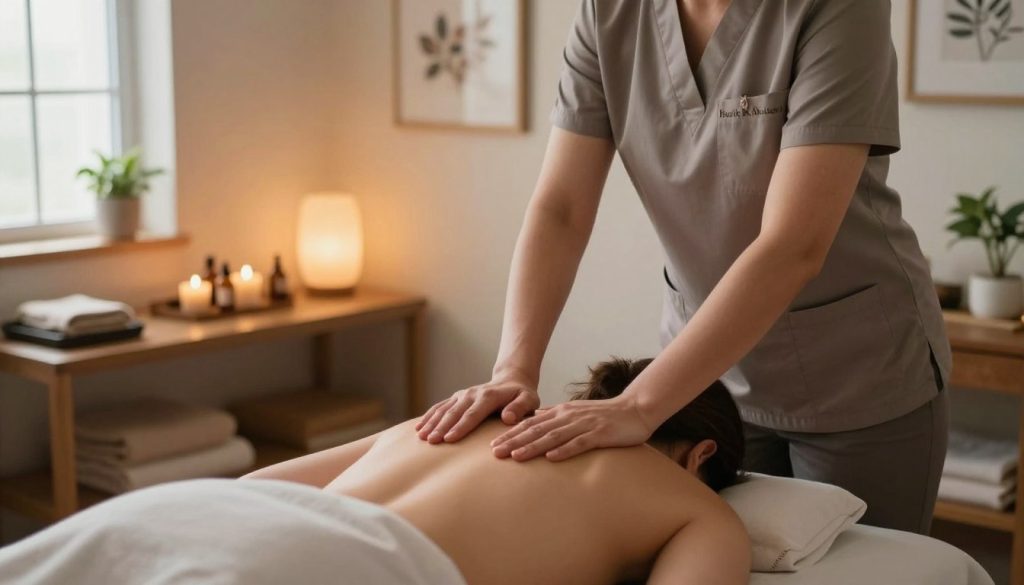 A professional massage therapy session focused on trust and boundaries, featuring a therapist in modest business attire and a client in comfortable clothing. In the foreground, the therapist gently places their hands on the client's back, showcasing a caring and respectful approach. The middle ground includes a warm, soothing room with soft lighting, massage oils, and relaxing decor, such as plants and calming artwork. In the background, a serene window allows soft natural light to filter in, enhancing the tranquil atmosphere. The mood is peaceful and professional, emphasizing the importance of clear communication and maintaining professional boundaries. Include subtle branding elements of "Butik Masaj Akademi" in the decor without being overt. The angle is a slight overhead view to capture the interaction and serene setting effectively.