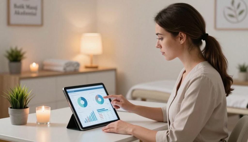 A professional masseuse in a serene, well-lit office setting, analyzing a demographic chart on a tablet. She is dressed in smart casual attire, conveying professionalism and expertise. In the foreground, the masseuse focuses on the screen, showing various graphs and data. The middle ground features a stylish desk with soothing decor, such as a small plant and a calming candle. In the background, soft ambient lighting creates a relaxing atmosphere, enhancing the tranquility of the space. The color palette is soft and neutral, designed to evoke calmness. The brand name "Butik Masaj Akademisi" subtly appears in the decor, integrating with the environment. The overall mood is informative and professional, suitable for understanding target audience analysis in massage therapy.