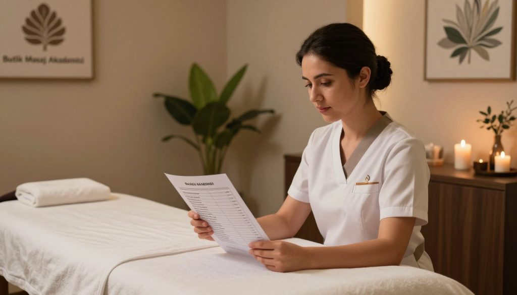 A professional, serene spa setting showcasing the balance between massage service pricing, session duration, and therapist experience. In the foreground, a calm therapist in professional attire is reviewing a pricing sheet, featuring different massage options and durations, with a focused expression. The middle ground displays a serene massage room, elegantly arranged with soft lighting, scented candles, and a massage table dressed in fresh linens. In the background, relaxing elements such as soothing colors on the walls, potted plants, and artful decor enhance the peaceful atmosphere. Soft, warm lighting casts gentle shadows, creating a tranquil mood that invites relaxation. The logo "Butik Masaj Akademisi" subtly integrated into the decor, emphasizing professionalism without overwhelming the scene. A professional, serene spa setting showcasing the balance between massage service pricing, session duration, and therapist experience. In the foreground, a calm therapist in professional attire is reviewing a pricing sheet, featuring different massage options and durations, with a focused expression. The middle ground displays a serene massage room, elegantly arranged with soft lighting, scented candles, and a massage table dressed in fresh linens. In the background, relaxing elements such as soothing colors on the walls, potted plants, and artful decor enhance the peaceful atmosphere. Soft, warm lighting casts gentle shadows, creating a tranquil mood that invites relaxation. The logo "Butik Masaj Akademisi" subtly integrated into the decor, emphasizing professionalism without overwhelming the scene.