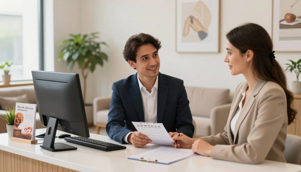 A professional setting depicting a serene office environment for massage appointment confirmations in Istanbul. In the foreground, a well-dressed male and female receptionist, both in smart business attire, are engaged in a friendly conversation, discussing appointment details. The middle ground features a stylish desk with a computer and appointment calendar clearly visible, alongside a soothing massage therapy brochure from "Butik Masaj Akademisi." In the background, a tastefully decorated waiting area with soft lighting, green plants, and calming artwork creates a tranquil atmosphere. The lighting is bright yet soft, resembling natural light streaming in through large windows, enhancing the welcoming vibe. The overall mood is professional, yet warm and inviting, embodying the concept of customer care and professionalism in service.