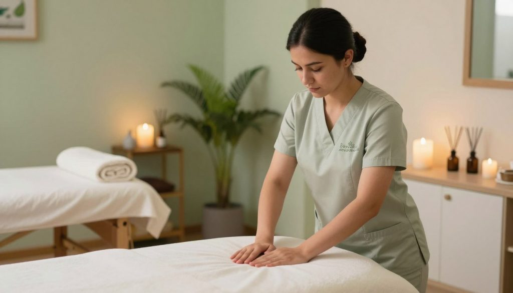 A professional therapist performing various massage techniques in a serene and calming spa environment. In the foreground, the therapist, dressed in modest, professional attire, demonstrates techniques on a massage table. The therapist has a focused and caring expression, showcasing expertise. In the middle ground, there are soft, ambient lights creating a warm, inviting atmosphere, complemented by calming colors like soft greens and creams. Background elements include soothing decorative plants, essential oil diffusers, and soft towels, enhancing the spa feel. The overall mood is tranquil and professional, emphasizing wellness and relaxation. The image should reflect the professionalism and skill taught at "Butik Masaj Akademi," captured with soft natural lighting in a slightly elevated angle to highlight both the therapist and the comfortable environment.