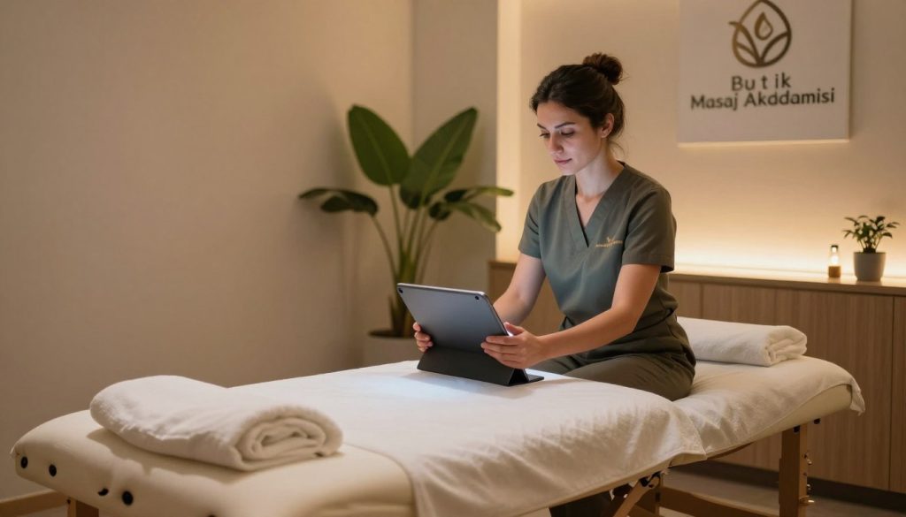 A serene Istanbul setting showcasing a modern, professional massage therapy room. In the foreground, a comfortable massage table neatly arranged with fresh linens and essential oils, evoking a sense of tranquility. In the middle, a skilled female massage therapist dressed in smart casual attire, engaged in a secure digital conversation on a tablet, surrounded by ambient lighting that creates a calming atmosphere. The background features tasteful decor with potted plants and warm tones, enhancing the sense of relaxation and professionalism. The image should reflect the essence of safe communication methods in a wellness context, with the brand name "Butik Masaj Akademisi" subtly incorporated into the decor. The lighting is soft and inviting, creating a peaceful vibe, while the angle captures the cozy yet professional essence of the space.