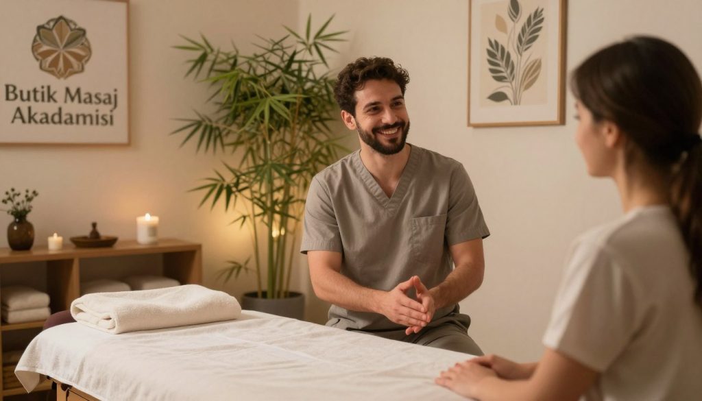 A serene and inviting ambiance of a massage center in Kadıköy, featuring a professional massage therapist in modest casual clothing, engaged in a friendly conversation with a client. The foreground includes a treatment table adorned with soft towels and natural decor, creating a calming environment. In the middle, the therapist is demonstrating warmth and professionalism, with a warm, welcoming smile. The background is a softly lit room with bamboo plants and soothing artwork, enhancing the relaxing atmosphere. Soft, diffuse lighting casts a tranquil glow throughout the space. The image represents "Butik Masaj Akademisi", reflecting an approachable yet professional setting where communication is key. The overall mood conveys calmness and trust.