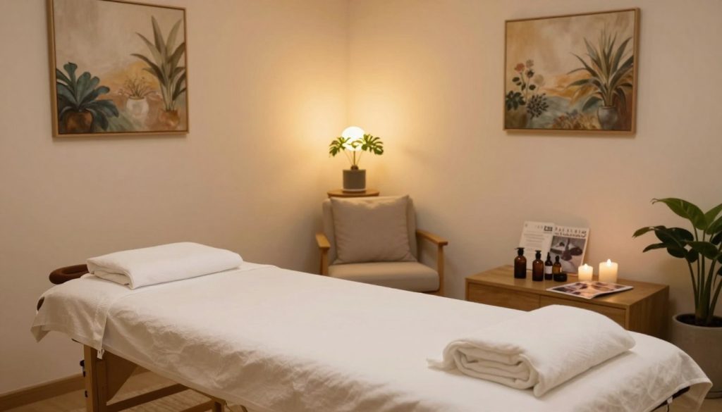A serene and inviting home massage studio, designed for creating a professional profile for a massage therapist. In the foreground, a neatly arranged massage table with fresh linens and calming aromatherapy oils placed on a small table beside it. In the middle, soft, ambient lighting casts a warm glow throughout the room, highlighting tasteful decor such as soothing paintings and plants. In the background, a cozy seating area features a comfortable chair and a magazine about wellness. The overall atmosphere is tranquil and focused, perfect for showcasing a therapist's professional capabilities. The brand name "Butik Masaj Akademi" subtly integrated into the decor. Capture the scene from a slightly elevated angle to emphasize the relaxing environment and professionalism of the space. A serene and inviting home massage studio, designed for creating a professional profile for a massage therapist. In the foreground, a neatly arranged massage table with fresh linens and calming aromatherapy oils placed on a small table beside it. In the middle, soft, ambient lighting casts a warm glow throughout the room, highlighting tasteful decor such as soothing paintings and plants. In the background, a cozy seating area features a comfortable chair and a magazine about wellness. The overall atmosphere is tranquil and focused, perfect for showcasing a therapist's professional capabilities. The brand name "Butik Masaj Akademi" subtly integrated into the decor. Capture the scene from a slightly elevated angle to emphasize the relaxing environment and professionalism of the space.