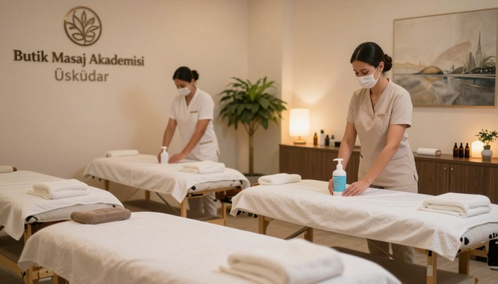 A serene and inviting interior of a massage salon called "Butik Masaj Akademisi" in Üsküdar, showcasing hygiene standards in a warm and soothing environment. In the foreground, neatly arranged massage tables with clean linens and essential oils. The middle ground features professional massage therapists in modest, professional attire, preparing the space with sanitation supplies like hand sanitizers and disinfectant wipes. The background includes calming decor: soft lighting from elegant lamps, plants for a touch of nature, and tranquil artwork on the walls. The atmosphere is relaxing and reassuring, emphasizing cleanliness and comfort. The scene is captured with a soft focus lens to enhance the serene mood, inviting viewers to feel a sense of safety and care.