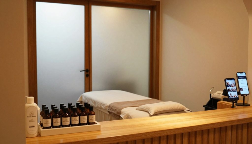 A serene and inviting interior of a massage salon in Kadıköy, reflecting the essence of a professional wellness space. In the foreground, a warmly lit reception area showcases elegant wooden décor, plush seating, and a neatly organized display of massage oils branded with "Butik Masaj Akademisi." In the middle, a tranquil treatment room visible through a frosted glass window, adorned with soft lighting and calming colors, suggestive of relaxation and peace. The background features subtle hints of digital devices, symbolizing social media engagement, such as a smartphone displaying wellness posts. The atmosphere conveys a sense of calm professionalism, with soft shadows and warm golden light filtering through, inviting clients to explore both relaxation and digital connection.