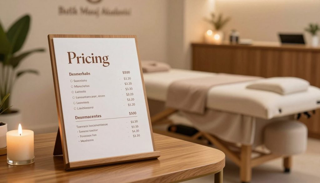A serene and inviting interior of a massage salon, showcasing a beautifully arranged pricing list for various massage services on a sleek wooden table in the foreground. The pricing list features elegant fonts and clear sections for different services and session durations, reflecting professionalism. In the middle, soft, ambient lighting creates a warm atmosphere, with plush massage tables draped in neutral linens, surrounded by calming decor, such as candles and indoor plants. In the background, a well-organized reception area is visible, hinting at a welcoming environment. The overall mood is tranquil and professional, perfect for the "Butik Masaj Akademisi" branding. A gentle depth of field effect emphasizes the price list while keeping the entire scene composed and inviting, shot from a slight upward angle to capture the essence of the space.