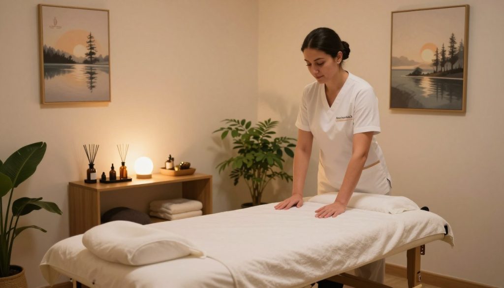 A serene and inviting interior of a massage therapy room in Şişli, showcasing a comfortable massage table with plush linens. In the foreground, a well-dressed massage therapist in professional attire is preparing the room, exuding a calm and welcoming demeanor. The middle ground features soothing decorative elements such as soft lighting, essential oil diffusers, and potted plants, enhancing the ambiance. The background displays a softly lit wall adorned with calming artwork that represents tranquility and relaxation. The entire scene is bathed in warm, gentle light, creating an atmosphere of peace and professionalism. The brand name "Butik Masaj Akademi" subtly incorporated into the decor without explicit text. The perspective is from a slightly elevated angle, capturing both the therapist and the inviting space in a harmonious composition.