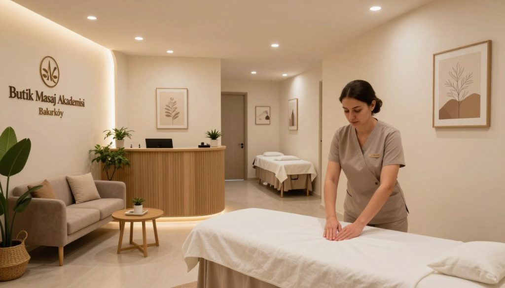 A serene and inviting interior scene of a massage center named "Butik Masaj Akademisi" in Bakırköy. In the foreground, a professional masseuse in modest professional attire is preparing a massage room with calming décor; soft, neutral colors and natural materials create a peaceful atmosphere. In the middle ground, a well-organized reception area features a comfortable sitting space with plants and soothing lighting, conveying a sense of trust and warmth. The background displays a softly lit hallway leading to treatment rooms, adorned with minimalistic art and serene colors, enhancing the sense of relaxation. The overall mood should evoke comfort and professionalism, inviting viewers to explore the soothing experience of the center. Soft, diffused lighting enhances the calm and welcoming ambiance of the setting. A serene and inviting interior scene of a massage center named "Butik Masaj Akademisi" in Bakırköy. In the foreground, a professional masseuse in modest professional attire is preparing a massage room with calming décor; soft, neutral colors and natural materials create a peaceful atmosphere. In the middle ground, a well-organized reception area features a comfortable sitting space with plants and soothing lighting, conveying a sense of trust and warmth. The background displays a softly lit hallway leading to treatment rooms, adorned with minimalistic art and serene colors, enhancing the sense of relaxation. The overall mood should evoke comfort and professionalism, inviting viewers to explore the soothing experience of the center. Soft, diffused lighting enhances the calm and welcoming ambiance of the setting.