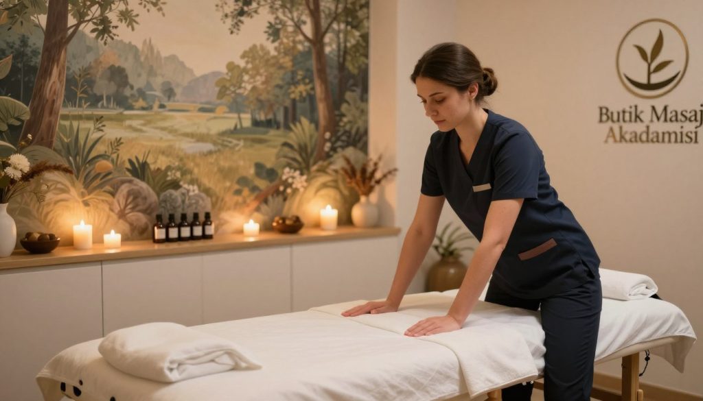 A serene and inviting massage therapy center in Şişli, featuring a beautifully arranged treatment room. In the foreground, a professional-looking female massage therapist is gently adjusting a massage table with fresh linens, wearing smart casual attire. The middle of the image showcases soft, ambient lighting with calming candles and essential oils arranged neatly on a shelf. The background includes a soothing mural of nature, enhancing relaxation, while the decor reflects a blend of modern minimalism and traditional elements. The overall mood radiates professionalism and tranquility, emphasizing a high-quality service atmosphere that promotes the importance of optimizing your profile in the massage therapy industry. Include the brand name "Butik Masaj Akademisi" subtly integrated into the decor. A serene and inviting massage therapy center in Şişli, featuring a beautifully arranged treatment room. In the foreground, a professional-looking female massage therapist is gently adjusting a massage table with fresh linens, wearing smart casual attire. The middle of the image showcases soft, ambient lighting with calming candles and essential oils arranged neatly on a shelf. The background includes a soothing mural of nature, enhancing relaxation, while the decor reflects a blend of modern minimalism and traditional elements. The overall mood radiates professionalism and tranquility, emphasizing a high-quality service atmosphere that promotes the importance of optimizing your profile in the massage therapy industry. Include the brand name "Butik Masaj Akademisi" subtly integrated into the decor.