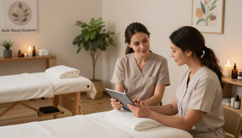 A serene and inviting massage therapy consultation setting, showcasing two professional massage therapists reviewing options with a client. In the foreground, the therapists are depicted in modest business attire, engaged in a friendly discussion over a tablet, emphasizing professionalism and trust. The middle ground features comfortable massage tables adorned with soft linens and therapeutic oils, creating an atmosphere of relaxation. In the background, calming decor elements like plants, soft lighting from lamps, and soothing art enhance the ambiance. The scene is bathed in warm, natural light, captured from a slightly elevated angle to convey a sense of openness and approachability. The logo of "Butik Masaj Akademisi" subtly integrated into the decor emphasizes the establishment’s commitment to quality service.