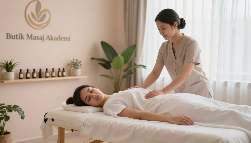 A serene and inviting massage therapy room, featuring a professional massage table draped with soft white linens. In the foreground, an attentive massage therapist in modest, professional attire is assessing a satisfied client, who is relaxed and comfortable on the table. The middle ground captures the softly lit room with calming pastel colors, plants, and essential oils displayed on a shelf, while gentle natural light filters through sheer curtains, creating a warm ambiance. In the background, the logo "Butik Masaj Akademi" subtly incorporated into the decor. The mood evokes a sense of trust and understanding, emphasizing the importance of addressing customer needs in a therapeutic setting. The angle is slightly elevated, providing a comprehensive view of the interaction while maintaining a sense of intimacy.