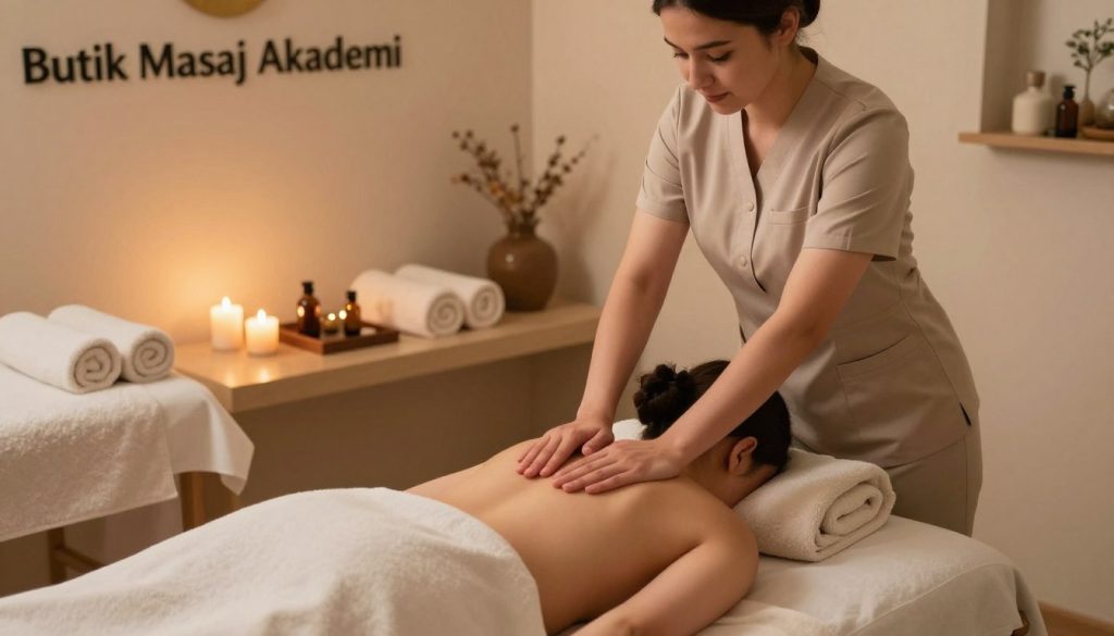 A serene and inviting massage therapy room showcasing "Butik Masaj Akademi." In the foreground, a professional massage therapist, dressed in modest, professional attire, gently conducts a massage on a client lying on a soft, elegant treatment table. The middle section features soothing elements like aromatic candles, essential oils, and soft towels arranged harmoniously. The background illustrates a calming color palette with plush carpets and subtle nature-inspired decor, evoking tranquility and relaxation. Soft, warm lighting filters into the room, creating a peaceful atmosphere. The angle captures the gentle interaction between the therapist and the client, emphasizing the therapeutic benefits of massage on both body and spirit, communicating overall well-being and stress relief.