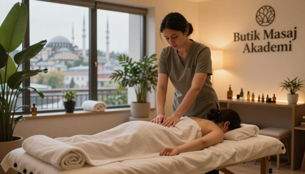 A serene and inviting massage therapy studio in Istanbul, featuring a professional therapist in modest casual clothing providing a relaxing massage to a client on a plush massage table. The foreground showcases soft towels and aromatic oils for an authentic therapy experience. In the middle, a warm, ambient light casts a calming glow, enhancing the soothing atmosphere. In the background, large windows reveal a glimpse of Istanbul's iconic skyline, adding cultural richness. The studio is adorned with lush plants and gentle decor, creating a tranquil environment. The brand name "Butik Masaj Akademi" is subtly incorporated into the ambiance. The mood is peaceful and professional, capturing the essence of career opportunities in massage therapy in Istanbul. Use a soft focus lens to emphasize relaxation and professionalism, with natural lighting enhancing the warm colors.