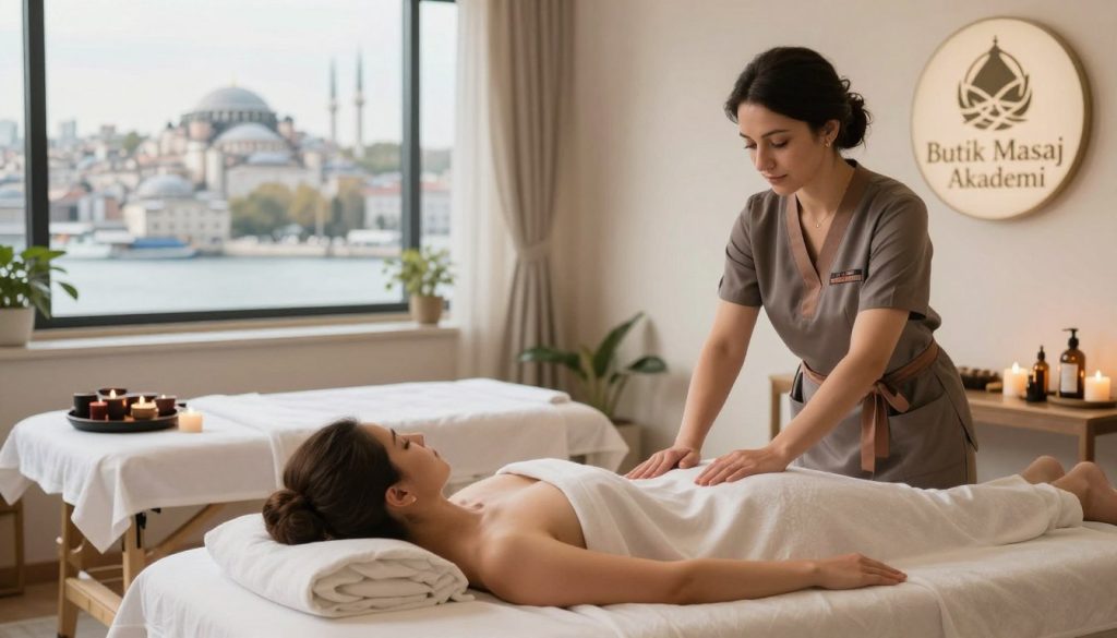 A serene and inviting massage therapy studio in Istanbul, showcasing a harmonious blend of traditional and modern design elements. In the foreground, a professional massage therapist, dressed in stylish and modest attire, engages with a client in a calming environment filled with natural light. Soft, warm hues enhance the atmosphere, creating a sense of relaxation. The middle ground features a beautifully arranged massage table with luxurious linens, aromatic candles, and herbal oils, reflecting the quality services highlighted by "Butik Masaj Akademi." In the background, the iconic skyline of Istanbul is softly blurred, symbolizing the city's rich culture and history. The overall mood is tranquil and professional, emphasizing the competitive edge and unique branding in the wellness industry. The image should be well-lit, with a focus on depth and warmth, showcasing a peaceful yet professional vibe.