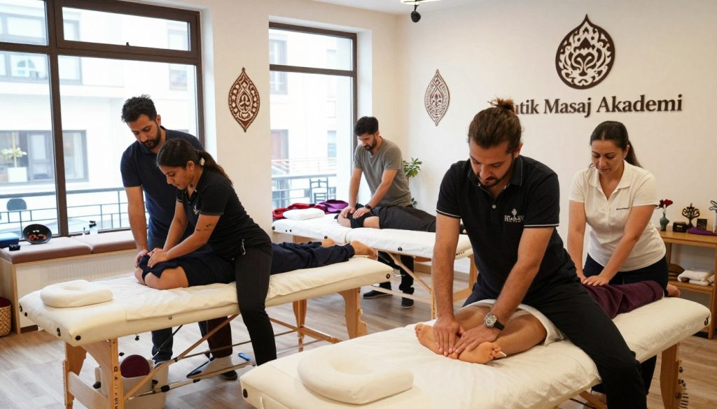 A serene and inviting massage therapy studio in Istanbul, showcasing a well-equipped professional space for learning massage techniques. In the foreground, a diverse group of four individuals in professional attire attentively practicing massage techniques on each other, demonstrating camaraderie and focus. In the middle ground, various massage tables, soft lighting with natural light filtering through large windows, and decorative elements inspired by traditional Turkish motifs. In the background, a wall adorned with the logo of "Butik Masaj Akademi." The atmosphere should feel warm and welcoming, embodying a sense of professionalism and community within a vibrant urban setting. Capture the essence of personal growth and collaboration in this peaceful environment.