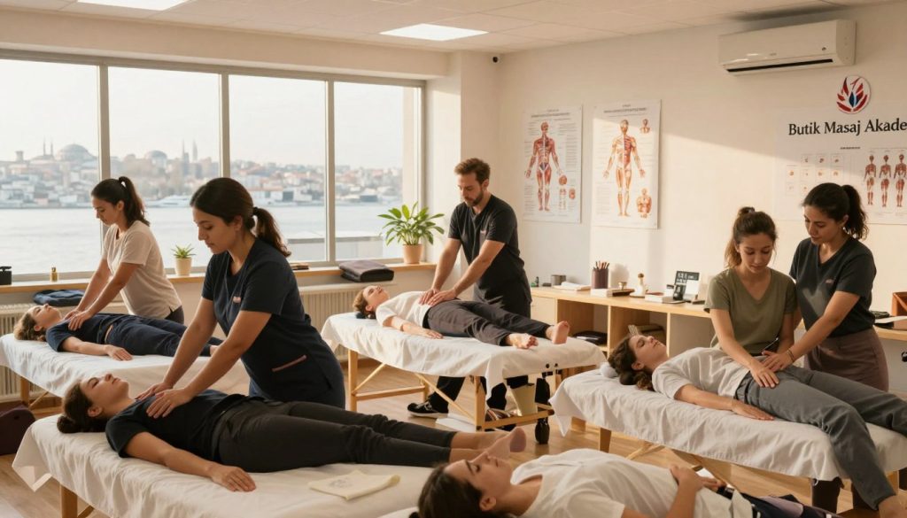 A serene and inviting massage therapy training setting in Istanbul, showcasing a well-lit classroom environment. In the foreground, a diverse group of students, dressed in professional attire, attentively practicing massage techniques on each other. The middle ground features a skilled instructor demonstrating a massage therapy technique, with a few anatomical charts visible on the walls. In the background, large windows reveal a glimpse of Istanbul's skyline, bathed in warm, natural light, creating a welcoming atmosphere. The setting emphasizes professionalism and the importance of certification, subtly including the brand name "Butik Masaj Akademi" in the decor. The overall mood is focused and eager, capturing the essence of the educational and certification process for massage therapists.