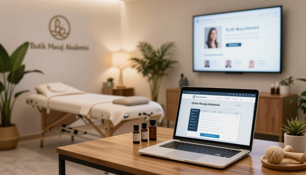 A serene and inviting office space for a massage therapist in Beşiktaş, showcasing the brand "Butik Masaj Akademisi". In the foreground, display a polished wooden desk with a laptop open to an online booking site, surrounded by essential oils and massage tools. In the middle, a comfortable, well-lit massage room with relaxing decor, featuring soft lighting and lush plants. The background should include a tasteful social media profile displayed on a screen, emphasizing professionalism and trustworthiness. The mood is calm and welcoming, with an emphasis on the importance of online appointment scheduling. Utilize soft, diffused lighting to create a soothing atmosphere, capturing a sense of serenity and professionalism. The image composition should be well-balanced, focusing on the elements of a reputable massage therapy business. A serene and inviting office space for a massage therapist in Beşiktaş, showcasing the brand "Butik Masaj Akademisi". In the foreground, display a polished wooden desk with a laptop open to an online booking site, surrounded by essential oils and massage tools. In the middle, a comfortable, well-lit massage room with relaxing decor, featuring soft lighting and lush plants. The background should include a tasteful social media profile displayed on a screen, emphasizing professionalism and trustworthiness. The mood is calm and welcoming, with an emphasis on the importance of online appointment scheduling. Utilize soft, diffused lighting to create a soothing atmosphere, capturing a sense of serenity and professionalism. The image composition should be well-balanced, focusing on the elements of a reputable massage therapy business.