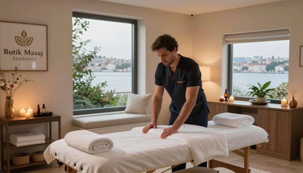 A serene and inviting spa environment featuring a modern treatment room. In the foreground, a skilled massage therapist in smart business attire is preparing a massage table, surrounded by soothing elements like candles and essential oils. In the middle, a large window allows soft natural light to filter in, highlighting plush towels and elegant decor typical of upscale spas. In the background, a tranquil view of Üsküdar’s waterfront with lush greenery peeking through the window adds a calming ambiance. The overall atmosphere radiates professionalism and relaxation, perfect for promoting "Butik Masaj Akademisi". The lighting is warm and soft, creating a peaceful mood, while a wide-angle lens captures the entire setting beautifully. The image should be free of any text or logos.