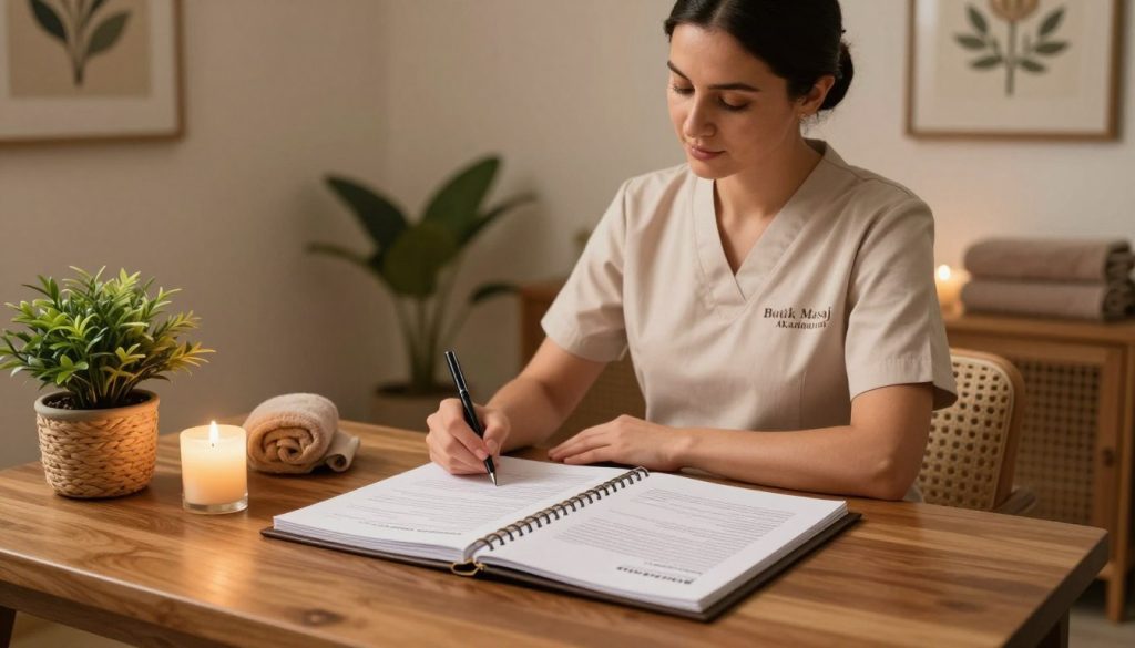 A serene and inviting spa environment, featuring a professional masseuse dressed in modest, professional attire, preparing a biography sample for clients. In the foreground, a polished wooden table displays a neatly arranged portfolio with a gently lit candle and a potted plant. In the middle ground, the masseuse is attentively writing, her focused expression reflecting dedication. Soft, warm lighting creates a relaxing atmosphere, while smooth textures of woven materials and natural elements enhance the tranquility of the space. The background features calming artwork on the walls and soft towels neatly stacked, evoking a sense of professionalism and care. This scene embodies the essence of "Butik Masaj Akademisi" and serves to illustrate effective profile writing techniques in the world of massage therapy.