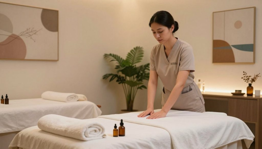 A serene and inviting spa environment in Üsküdar, showcasing a modern massage space. In the foreground, a beautifully arranged massage table adorned with fresh towels and natural oils, emphasizing cleanliness and tranquility. The middle ground features a professional female massage therapist dressed in modest, professional attire, preparing the space with care. Soft ambient lighting creates a calming atmosphere, while gentle green plants in the background enhance the spa's natural vibe. The walls are decorated with soothing artwork and soft textures, conveying relaxation. Incorporate the brand name "Butik Masaj Akademi" subtly as part of the spa decor elements. The overall mood is peaceful and professional, ideal for conveying market research in the wellness industry.