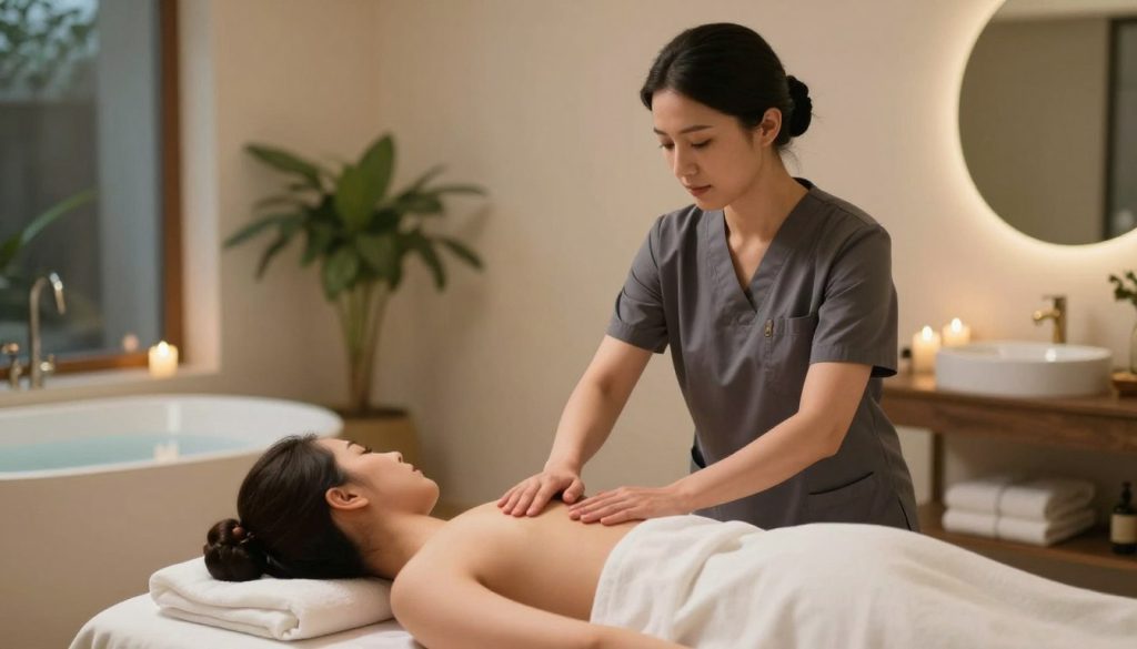 A serene and inviting spa environment showcasing a professional massage therapist at work. In the foreground, a focused therapist in smart casual attire, demonstrating effective communication with a client lying on a comfortable massage table. The middle ground features soft, ambient lighting that enhances the calming atmosphere, with plants and spa decor that evoke tranquility. The background includes blurred elements like gentle water features and a sense of wellness. The overall mood is peaceful and attentive, emphasizing the importance of effective communication methods in a spa setting. Include the brand name "Butik Masaj Akademisi" subtly integrated into the scene without any text overlays or watermarks, capturing the essence of relaxation and professionalism.