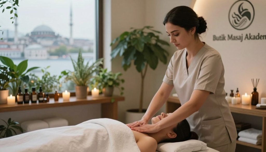 A serene and inviting spa environment showcasing a professional massage therapist in Istanbul. In the foreground, a therapist, dressed in elegant professional attire, gently demonstrates a massage technique on a client comfortably lying on a massage table. In the middle ground, soft, ambient lighting illuminates lush greenery and aromatherapy products on a wooden shelf, symbolizing relaxation and wellness. The background features a glimpse of Istanbul's skyline through a large window, suggesting a connection to the locale. The atmosphere is calm and tranquil, encouraging a sense of holistic wellness. The logo of "Butik Masaj Akademi" is subtly displayed on a wall in a tasteful manner. Capture this scene with a soft focus lens, emphasizing warmth and professionalism.
