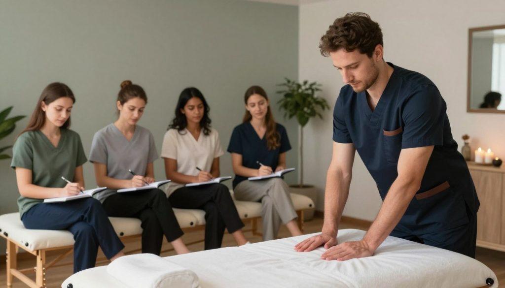 A serene and inviting spa environment, showcasing the benefits of massage therapy education. In the foreground, a professional massage therapist, dressed in smart business attire, demonstrates techniques on a massage table. The therapist is focused and compassionate, conveying a sense of dedication to their craft. In the middle, a diverse group of students, also in professional attire, attentively observes and takes notes, reflecting the supportive learning atmosphere at Butik Masaj Akademi. The background features calming muted colors and soft lighting, with plants and decorative candles enhancing the tranquility of the space. Overall, the image conveys a mood of professionalism, empowerment, and the valuable advantages of becoming a skilled massage therapist.