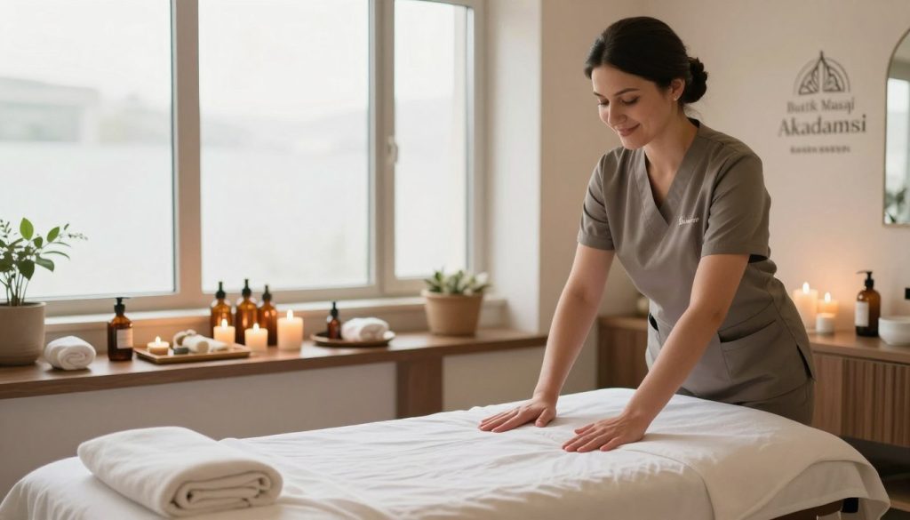 A serene and inviting spa environment showcasing the luxury of massage therapy services in Bakırköy. In the foreground, a professional masseuse, dressed in modest business attire with a warm smile, prepares a massage table adorned with soft, clean linens. The middle layer features a beautifully arranged display of spa essentials like aromatic oils and candles, hinting at relaxation and wellness. In the background, large windows allow soft, natural light to fill the space, casting a calming glow across the room. The overall atmosphere is tranquil and welcoming, emphasizing the soothing experience of massage therapy. Include subtle elements like a stylish logo of "Butik Masaj Akademisi" subtly integrated into the decor, enhancing the sense of professionalism without distracting from the serene setting.
