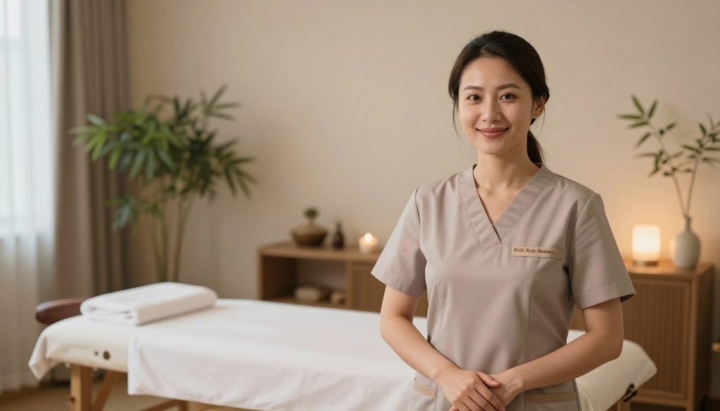 A serene and inviting spa setting featuring a professional female massage therapist in business attire, exuding a calm and trustworthy demeanor. In the foreground, she stands confidently with a welcoming smile, hands gently clasped. In the middle ground, the massage room is elegantly decorated with soft, natural elements like bamboo plants and soothing color tones, enhancing the relaxing atmosphere. The background is softly blurred, showcasing a tranquil massage table and calming ambient lighting with warm tones. The overall mood is one of professionalism and trust, resonating with the values of "Butik Masaj Akademi". Capture the scene with soft focus and natural light, highlighting the warmth and approachability of the therapist, creating a visual representation of the importance of a reassuring and effective profile description.