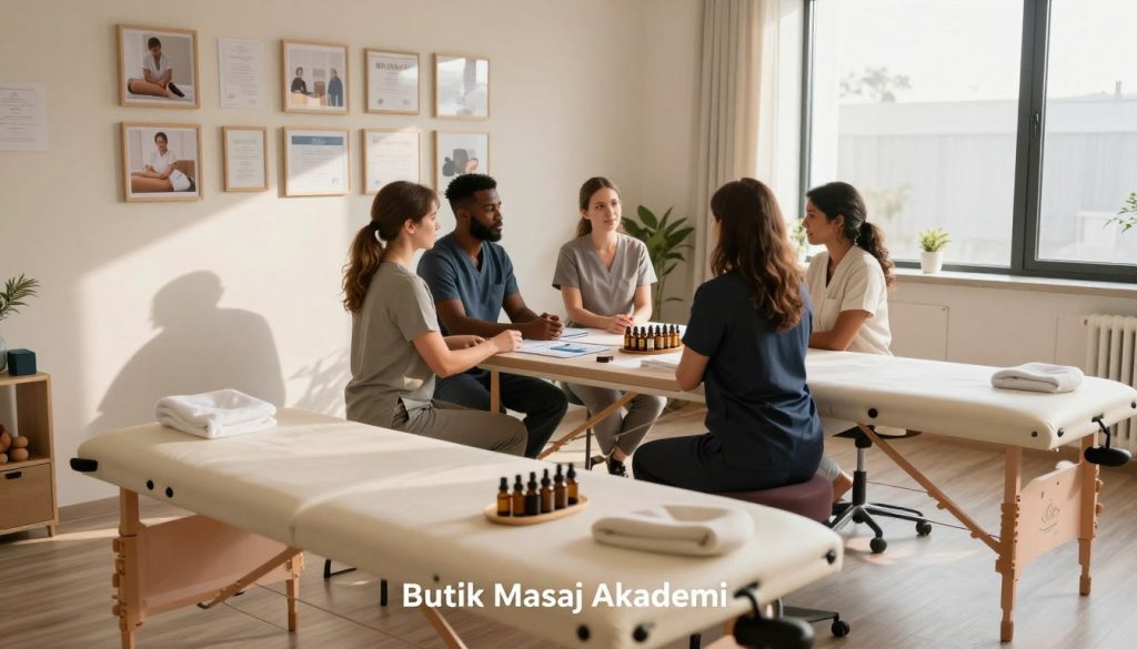A serene and inviting training room designed for massage therapy professionals in continuous education. In the foreground, a well-organized space featuring a massage table, essential oils, and training materials neatly arranged. In the middle ground, a diverse group of four massage therapists, dressed in professional business attire, engaged in a discussion around a large table, highlighting collaboration and learning. They reflect a supportive atmosphere, with a focus on communication and skill development. The background includes a soft-lit wall adorned with certifications and framed images of therapeutic techniques. Natural light pours in through large windows, creating warm shadows and enhancing the professional yet relaxed environment. At the bottom corner, the brand name "Butik Masaj Akademi" subtly displayed.