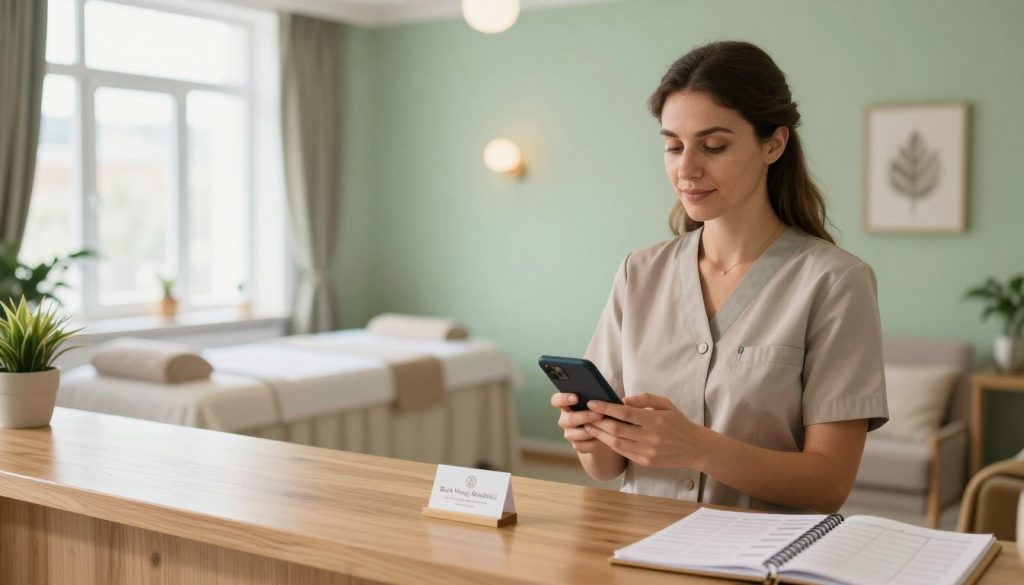 A serene and inviting wellness center in Üsküdar, showcasing a professional massage therapist's profile. In the foreground, a well-dressed female therapist in modest, professional attire stands confidently, holding a smartphone, symbolizing communication. The middle ground features a beautifully arranged reception area with calming colors—soft greens and earth tones—highlighted by natural light streaming through large windows. On a sleek wooden desk, there's a neatly placed business card for "Butik Masaj Akademisi" alongside a schedule book. The background reveals a tranquil massage room with soft, calming decor. The overall atmosphere is warm and welcoming, emphasizing professionalism and relaxation. The image captures the essence of wellness and effective communication for appointments, reflected in the space and the therapist's demeanor, shot with a soft focus to enhance warmth and tranquility. A serene and inviting wellness center in Üsküdar, showcasing a professional massage therapist's profile. In the foreground, a well-dressed female therapist in modest, professional attire stands confidently, holding a smartphone, symbolizing communication. The middle ground features a beautifully arranged reception area with calming colors—soft greens and earth tones—highlighted by natural light streaming through large windows. On a sleek wooden desk, there's a neatly placed business card for "Butik Masaj Akademisi" alongside a schedule book. The background reveals a tranquil massage room with soft, calming decor. The overall atmosphere is warm and welcoming, emphasizing professionalism and relaxation. The image captures the essence of wellness and effective communication for appointments, reflected in the space and the therapist's demeanor, shot with a soft focus to enhance warmth and tranquility.