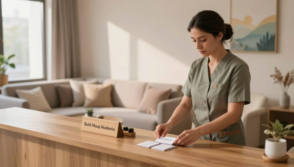 A serene and professional massage center reception area, featuring calming colors and soothing decor. In the foreground, a well-dressed female massage therapist in smart casual attire is arranging business cards on a sleek wooden desk labeled "Butik Masaj Akademisi." The middle ground showcases a comfortable sofa with plush cushions and soft ambient lighting, creating a welcoming atmosphere. In the background, subtle hints of artistic decor enhance the peaceful vibe, like calming nature-themed artwork. Soft morning light pours through a large window, casting gentle shadows and creating a tranquil ambiance. The overall mood is professional yet inviting, emphasizing a space dedicated to relaxation and well-being. A serene and professional massage center reception area, featuring calming colors and soothing decor. In the foreground, a well-dressed female massage therapist in smart casual attire is arranging business cards on a sleek wooden desk labeled "Butik Masaj Akademisi." The middle ground showcases a comfortable sofa with plush cushions and soft ambient lighting, creating a welcoming atmosphere. In the background, subtle hints of artistic decor enhance the peaceful vibe, like calming nature-themed artwork. Soft morning light pours through a large window, casting gentle shadows and creating a tranquil ambiance. The overall mood is professional yet inviting, emphasizing a space dedicated to relaxation and well-being.