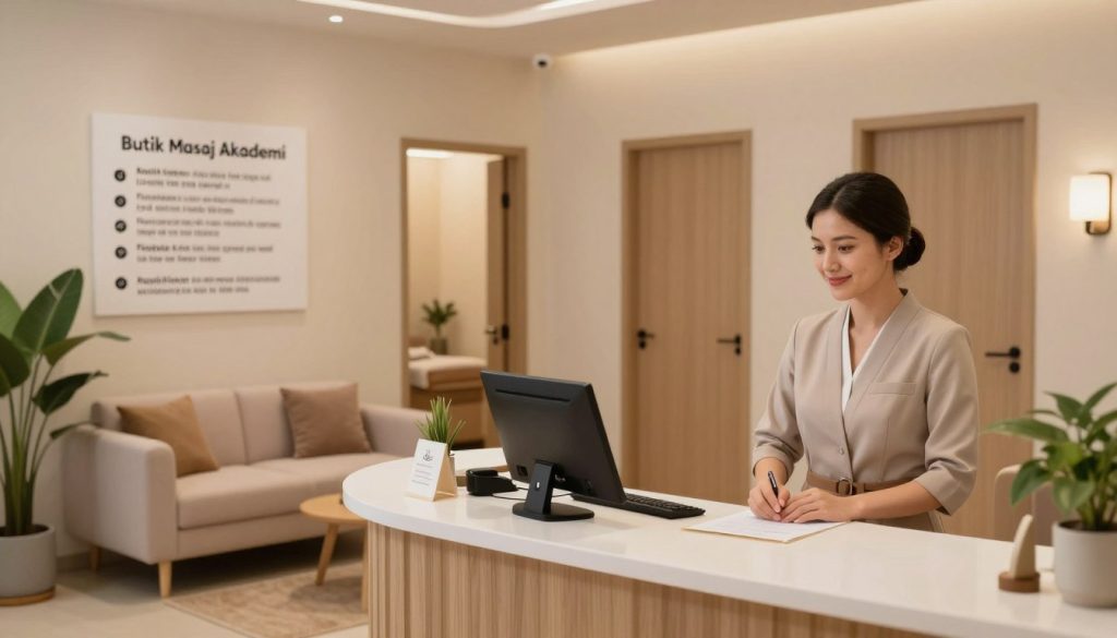 A serene and professional massage salon setting depicting the safety measures of the appointment process. In the foreground, a neatly arranged reception desk with a friendly receptionist, dressed in professional attire, ready to assist clients. In the middle ground, a cozy waiting area featuring comfortable seating, soft lighting, and calming decor. On the wall, a clear display of safety protocols related to appointments, such as health screenings and sanitation practices. In the background, softly lit treatment rooms, each with a door slightly ajar, suggesting privacy and tranquility. The atmosphere is calming, with warm earth tones and lush plants. The image should convey a sense of professionalism and reassurance, reflecting the brand "Butik Masaj Akademi" subtly integrated into the decor.