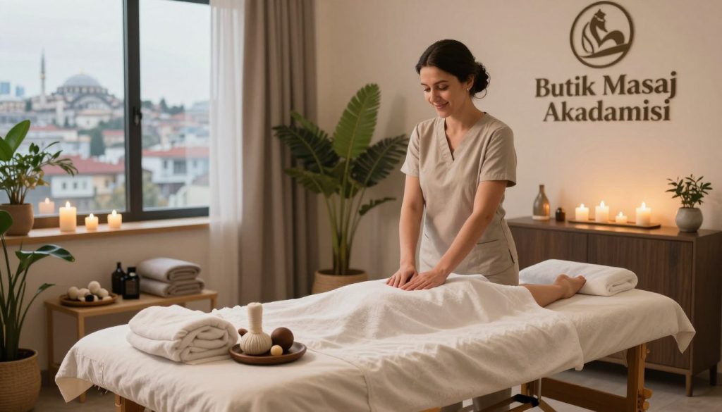 A serene and professional massage studio setting in Istanbul, showcasing a calming atmosphere. In the foreground, a well-organized massage table with plush linens, neatly arranged massage tools, and aromatic candles. In the middle ground, a tranquil therapist in modest casual clothing, ready to engage with clients, smiling and exuding professionalism. Surrounding them are elegant decor elements, such as plants, soft lighting fixtures, and soothing color palettes that enhance relaxation. In the background, a window reveals a hint of the vibrant Istanbul skyline, adding a touch of local culture. The lighting is warm and inviting, creating a peaceful mood that emphasizes comfort and professionalism. This image reflects the essence of the branding for "Butik Masaj Akademisi", ideal for illustrating considerations when choosing a massage therapist in Istanbul.