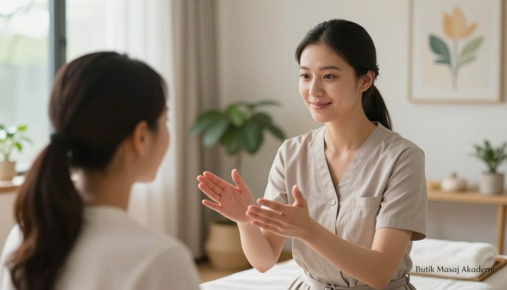 A serene and professional massage therapy environment, featuring a female massage therapist and a client engaged in a communication session. The therapist, dressed in smart, modest attire, is sitting across from the client in a well-lit, tranquil room with soft, natural lighting streaming through large windows. In the background, calming decor includes plants and soothing artwork, enhancing the atmosphere of relaxation and trust. The therapist exudes empathy and attentiveness, with a warm expression as she uses gestures to explain techniques. The composition captures a close-up angle that emphasizes their connection, creating a mood of professionalism and care. In the corner of the image, subtly includes the brand name "Butik Masaj Akademi" to convey credibility without dominating the scene.