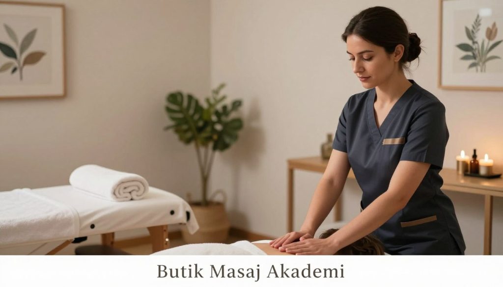 A serene and professional massage therapy setting featuring a well-lit room with soft, ambient lighting. In the foreground, a confident female massage therapist in a smart, modest uniform demonstrates professional boundaries while engaging with an imaginary client, professionally nodding and maintaining a respectful distance. The middle ground includes a massage table adorned with fresh towels and calming aromatherapy oils, emphasizing a hygienic and inviting environment. In the background, tasteful decor such as plants and art pieces contribute to a calming atmosphere, ideal for relaxation. The overall mood conveys professionalism, respect, and tranquility. At the bottom corner of the image, subtly includes the brand name "Butik Masaj Akademi" in an elegant, understated font, enhancing the professional context while maintaining a focus on the therapeutic environment.