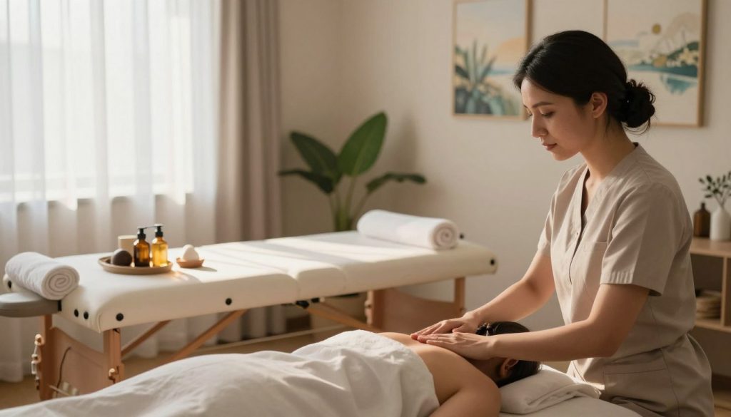 A serene and professional massage therapy setting, featuring a well-organized massage room with soft, ambient lighting that creates a calming atmosphere. In the foreground, a licensed massage therapist, dressed in modest professional attire, discusses therapeutic touch ethics with a client, showcasing a clear understanding of boundaries. The middle layer includes a massage table and various healing tools like oils and towels, artfully arranged to suggest a focus on professionalism and care. In the background, a gentle display of nature, such as plants or tranquil paintings, enhances the peaceful mood. Sunlight filters through sheer curtains, casting a warm glow on the scene, emphasizing the integrity of therapeutic practice. Branding elements from "Butik Masaj Akademi" subtly incorporated into the decor, reinforcing a professional ambiance.