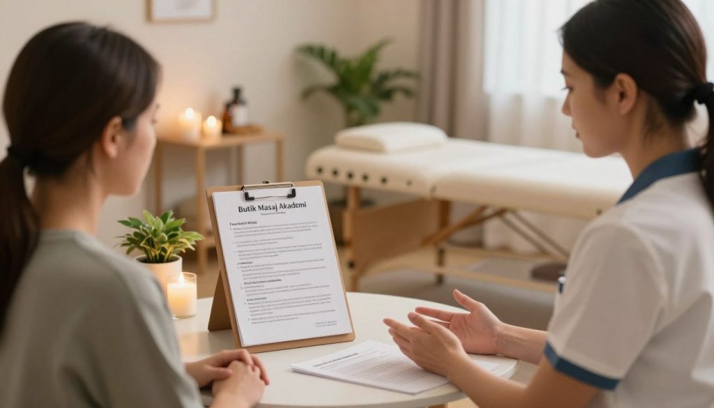 A serene and professional massage therapy setting showcasing a dedicated massage therapist addressing patient rights and problem management. In the foreground, depict a therapist in professional attire, attentively listening to a seated client expressing concerns. The middle layer features a well-organized consultation area with detailed charts illustrating patient rights and ethical guidelines on a table, amidst calming decor like soft lighting and plants. The background should show a soothing therapy room with massage tables and essential oils, promoting a sense of tranquility. Capture the scene with warm, soft lighting, using a focal length that creates an intimate atmosphere, emphasizing communication and professionalism. Ensure the branding of "Butik Masaj Akademi" is subtly included in the decor, enhancing the image's context while maintaining a focused ambiance of care and ethical practice.