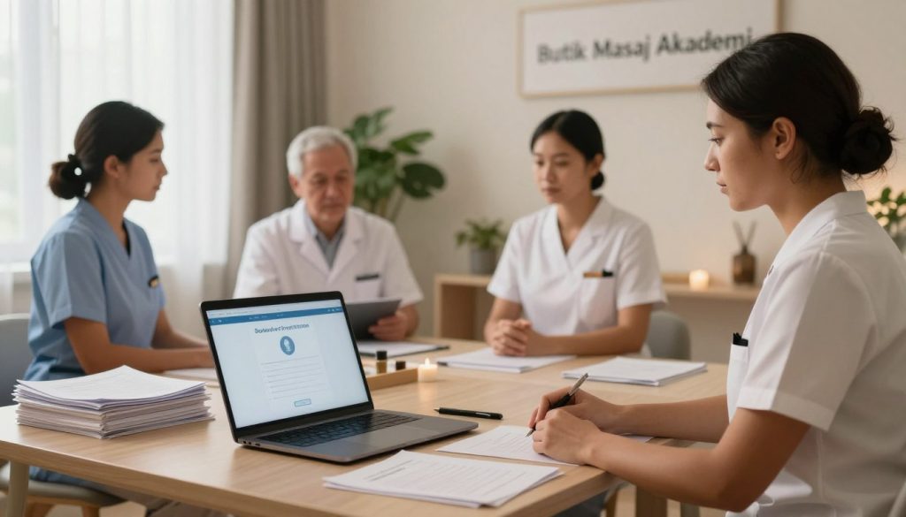 A serene and professional massage therapy setting that emphasizes privacy and data protection. In the foreground, a well-organized desk with a laptop displaying a secure data protection interface, surrounded by neatly stacked medical confidentiality documents. In the middle, a diverse group of three licensed therapists in professional attire discussing protocols, their expressions focused and serious. The background features calming green plants and soft, warm lighting filtering through sheer curtains, creating a tranquil atmosphere. A tasteful wall art piece reading “Butik Masaj Akademi” subtly enhances the scene. Use a soft-focus lens for a comforting feel, and maintain a sense of order and professionalism throughout the image. The mood is one of trust, safety, and ethical responsibility in massage therapy.