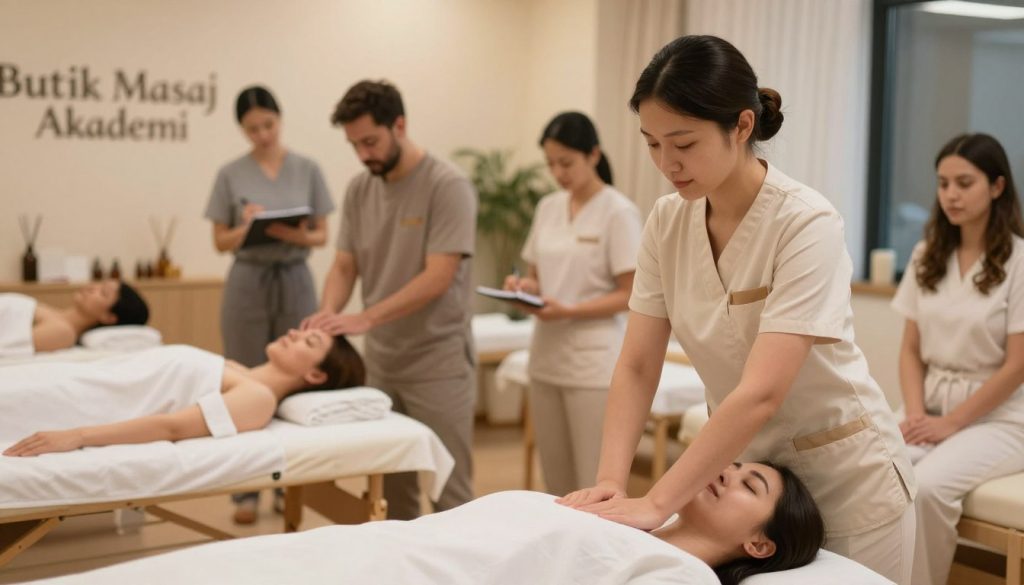 A serene and professional massage training environment featuring a diverse group of massage therapists in modest, professional attire. In the foreground, a female instructor demonstrates proper massage techniques on a client lying on a massage table, showcasing her expertise and professionalism. In the middle ground, attentive students observe and take notes, displaying engagement and focus, highlighting the emphasis on professional behavior standards. The background features soothing decor, such as soft lighting, calming colors, and essential oil diffusers, creating a tranquil atmosphere conducive to learning. The scene is well-lit with a warm tone, using a shallow depth of field to emphasize the training activities while softly blurring the background. The setting represents the high standards of "Butik Masaj Akademi," encapsulating the essence of becoming a professional masseuse.