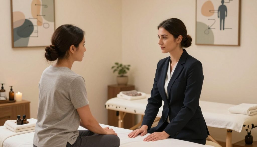A serene and professional setting depicting a massage therapy consultation. In the foreground, a massage therapist in smart business attire is attentively listening to a client, who is dressed casually but appropriately. Their expressions convey understanding and professionalism. In the middle ground, a softly lit therapy room with calming colors, equipped with essential tools like massage oils and calming décor. The background features abstract artwork symbolizing boundaries and communication, subtly hung on the walls. The lighting is warm and inviting, enhancing the mood of trust and professionalism. The atmosphere is calm and focused, emphasizing therapeutic boundaries and the importance of effective communication. Include the brand name "Butik Masaj Akademi" subtly represented in the artwork.