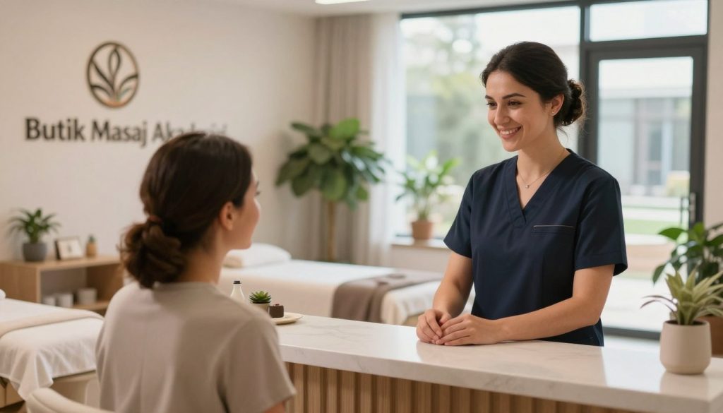 A serene and professional setting for a massage therapy appointment in Ataşehir. The foreground features a well-dressed, smiling massage therapist in smart, modest attire, engaging in friendly yet professional communication with a client seated at a stylish, modern reception desk. The middle ground highlights a tastefully decorated massage studio, with calming colors, soft lighting, and lush plants that promote relaxation. In the background, through a large window, a view of a tranquil outdoor space can be seen, enhancing the peaceful atmosphere. The lighting is soft and natural, creating a warm and inviting mood. This image reflects the brand "Butik Masaj Akademisi" and emphasizes the importance of clear and professional communication in massage therapy. A serene and professional setting for a massage therapy appointment in Ataşehir. The foreground features a well-dressed, smiling massage therapist in smart, modest attire, engaging in friendly yet professional communication with a client seated at a stylish, modern reception desk. The middle ground highlights a tastefully decorated massage studio, with calming colors, soft lighting, and lush plants that promote relaxation. In the background, through a large window, a view of a tranquil outdoor space can be seen, enhancing the peaceful atmosphere. The lighting is soft and natural, creating a warm and inviting mood. This image reflects the brand "Butik Masaj Akademisi" and emphasizes the importance of clear and professional communication in massage therapy.