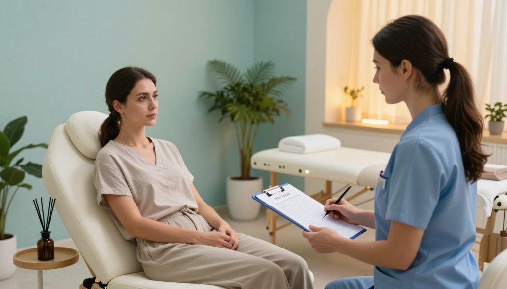 A serene and professional spa environment featuring a massage therapist conducting a client feedback session. In the foreground, a well-dressed female massage therapist holds a clipboard, attentively listening to a client seated comfortably on a spa chair. The client, dressed in modest casual attire, appears relaxed and engaged. In the middle ground, a tranquil, softly lit setting with soothing colors like pale blues and greens, decorated with calming plants and essential oil diffusers. The background reveals elegant massage tables and warm lighting, creating an inviting atmosphere. The scene should convey a sense of trust and professionalism, focused on the theme of customer feedback in spa communication, with the brand name "Butik Masaj Akademisi" subtly integrated into the decor. A serene and professional spa environment featuring a massage therapist conducting a client feedback session. In the foreground, a well-dressed female massage therapist holds a clipboard, attentively listening to a client seated comfortably on a spa chair. The client, dressed in modest casual attire, appears relaxed and engaged. In the middle ground, a tranquil, softly lit setting with soothing colors like pale blues and greens, decorated with calming plants and essential oil diffusers. The background reveals elegant massage tables and warm lighting, creating an inviting atmosphere. The scene should convey a sense of trust and professionalism, focused on the theme of customer feedback in spa communication, with the brand name "Butik Masaj Akademisi" subtly integrated into the decor.