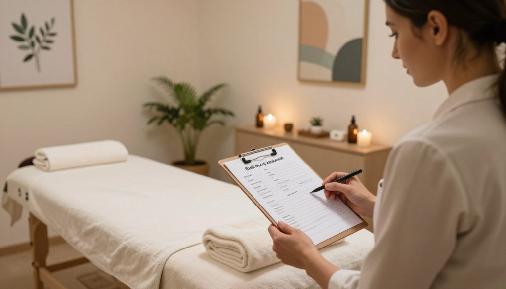 A serene and tranquil massage therapy room in Bakırköy, featuring a professional massage therapist confirming an appointment. In the foreground, the therapist, dressed in smart casual attire, holds a client’s booking confirmation on a sleek clipboard. The middle ground displays a well-organized massage table adorned with fresh towels and calming aromatherapy essentials, surrounded by soft, ambient lighting that promotes relaxation. The background showcases peaceful decor, including calming artwork and indoor plants that enhance the therapeutic atmosphere. The lighting is warm and inviting, creating a serene mood, with an emphasis on professionalism and comfort, representing "Butik Masaj Akademisi" subtly in the environment. The camera angle is slightly elevated, providing a comprehensive view of the entire space. A serene and tranquil massage therapy room in Bakırköy, featuring a professional massage therapist confirming an appointment. In the foreground, the therapist, dressed in smart casual attire, holds a client’s booking confirmation on a sleek clipboard. The middle ground displays a well-organized massage table adorned with fresh towels and calming aromatherapy essentials, surrounded by soft, ambient lighting that promotes relaxation. The background showcases peaceful decor, including calming artwork and indoor plants that enhance the therapeutic atmosphere. The lighting is warm and inviting, creating a serene mood, with an emphasis on professionalism and comfort, representing "Butik Masaj Akademisi" subtly in the environment. The camera angle is slightly elevated, providing a comprehensive view of the entire space.