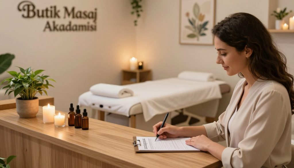 A serene and welcoming massage salon interior in Beşiktaş, showcasing a cozy environment with soft ambient lighting. In the foreground, a satisfied customer, dressed in a simple yet elegant outfit, is filling out a feedback form at a wooden reception desk adorned with soothing candles and plants. In the middle ground, a beautifully decorated massage room displays calming colors, with a massage table draped in clean linens and aromatic essential oils placed nearby. The background features tasteful wall art, enhancing the tranquil atmosphere. The scene conveys a sense of professionalism and relaxation, reflecting the significance of customer feedback in the wellness industry. The brand name "Butik Masaj Akademisi" is subtly integrated into the salon decor.